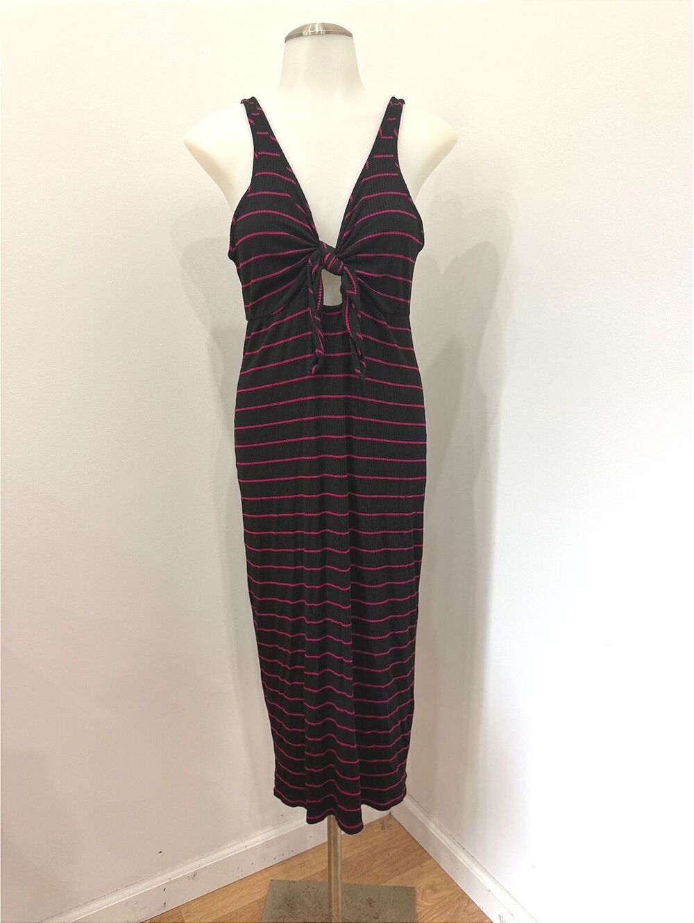 Express Black and Pink Striped Maxi Dress with Front Tie Detail, Size M